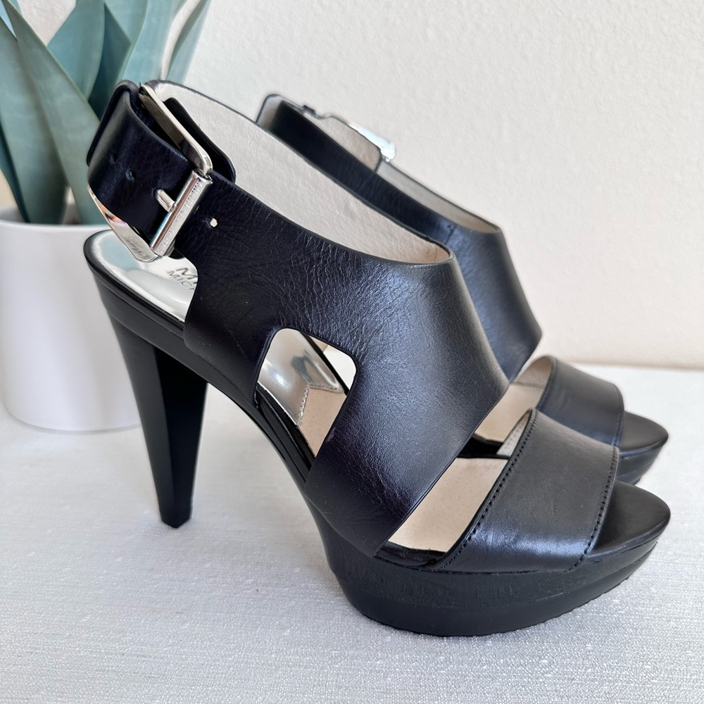 New MICHAEL Michael Kors Black Leather Platformed High Heel Sandals Women’s 6.5M - Picture 5 of 10